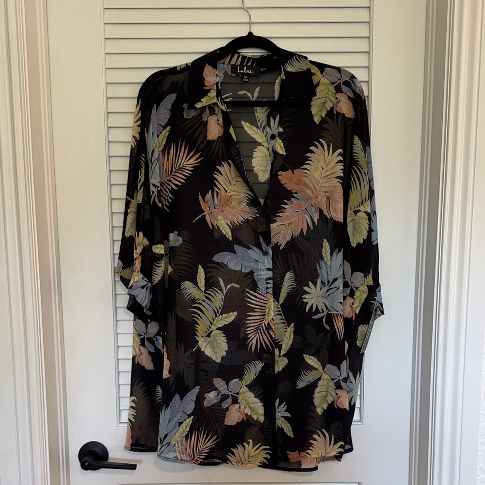 Lulu's Black Sheer Button-Up Shirt Dress with Pastel Tropical Print
